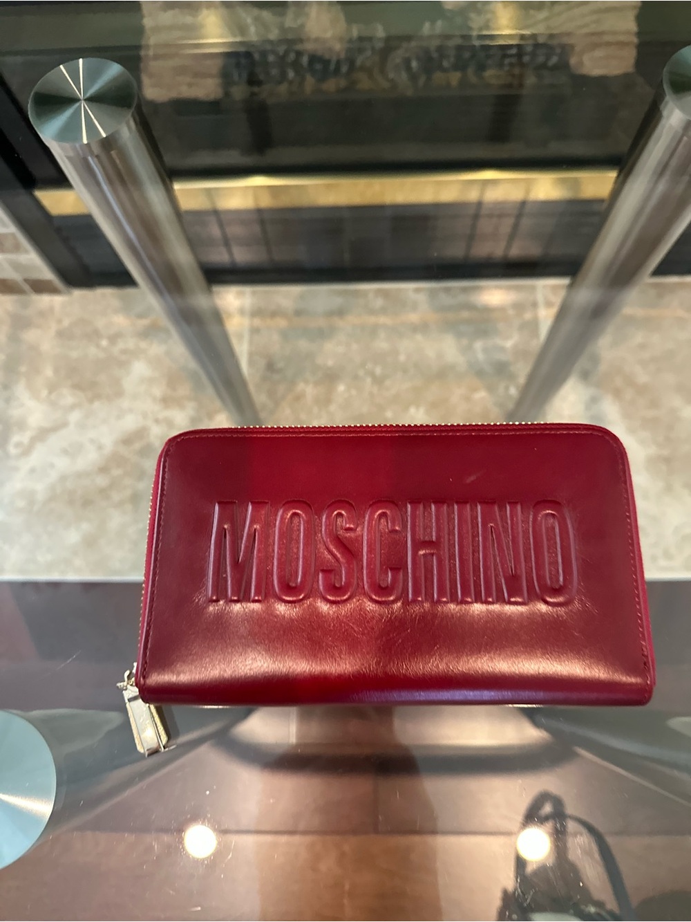 Moschino Red Embossed Zip Wallet with Gold Hardware